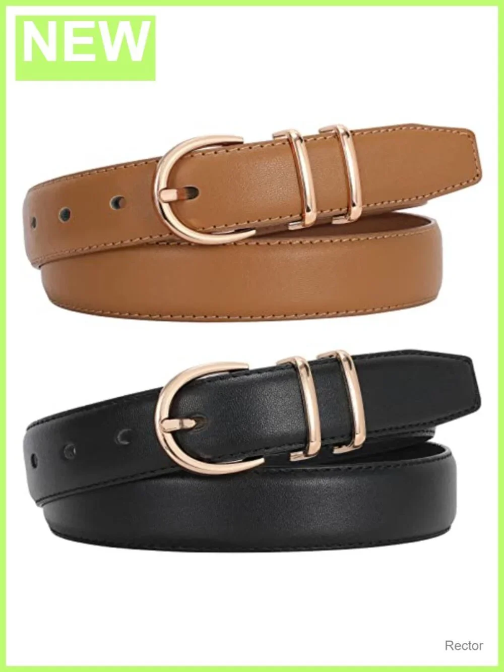2 Pack Women's PU Leather Belt with Gold Buckle, Adjustable Hole Punch